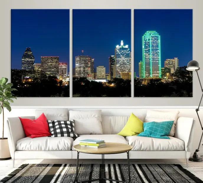 The Dallas City Lights Night Blue Skyline Cityscape View Wall Art Canvas Print, displayed as a triptych on museum-quality canvas with UV-protective coating, features illuminated buildings.