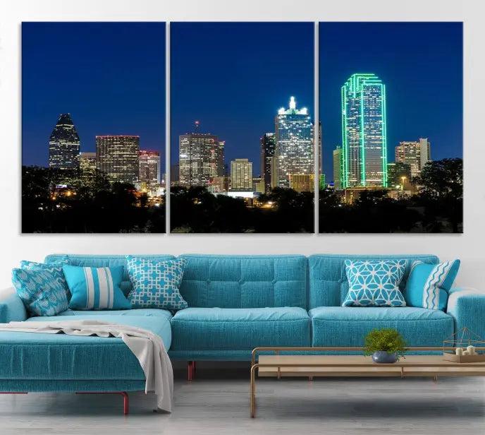 Dallas City Lights Night Blue Skyline Cityscape View Wall Art Canvas Print 