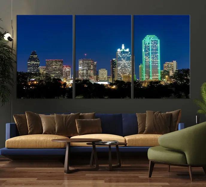 Dallas City Lights Night Blue Skyline Cityscape View Wall Art Canvas Print 