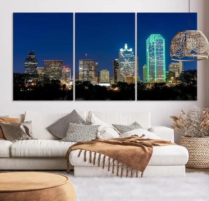 Dallas City Lights Night Blue Skyline Cityscape View Wall Art Canvas Print 