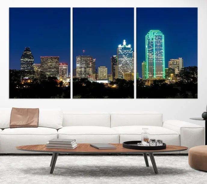 Dallas City Lights Night Blue Skyline Cityscape View Wall Art Canvas Print 