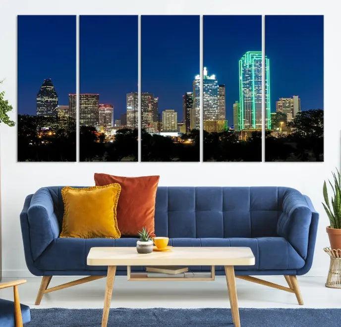 Dallas City Lights Night Blue Skyline Cityscape View Wall Art Canvas Print 