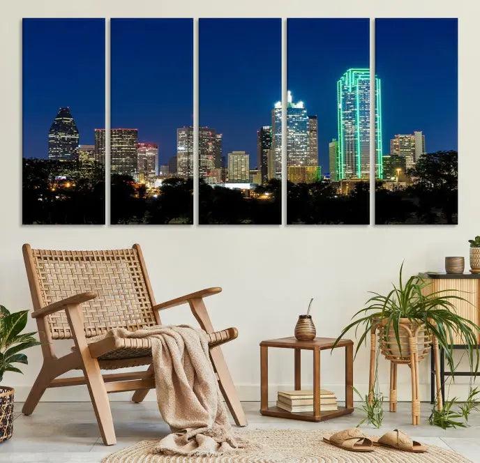 Dallas City Lights Night Blue Skyline Cityscape View Wall Art Canvas Print 