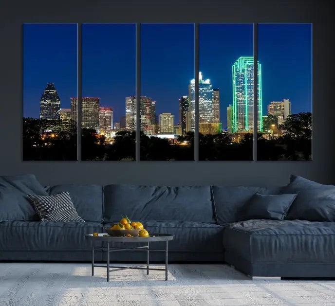 The Dallas City Lights Night Blue Skyline Cityscape View Wall Art Canvas Print, displayed as a triptych on museum-quality canvas with UV-protective coating, features illuminated buildings.