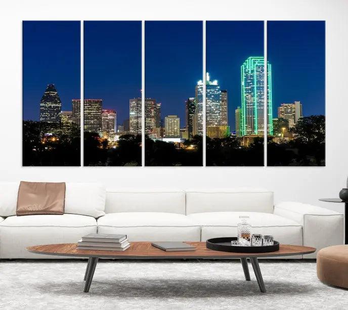 The Dallas City Lights Night Blue Skyline Cityscape View Wall Art Canvas Print, displayed as a triptych on museum-quality canvas with UV-protective coating, features illuminated buildings.