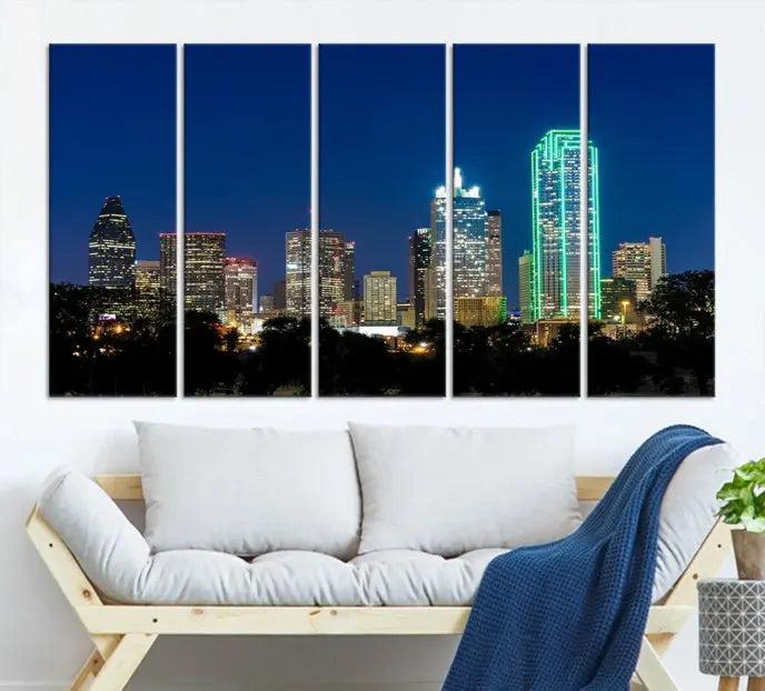 The Dallas City Lights Night Blue Skyline Cityscape View Wall Art Canvas Print, displayed as a triptych on museum-quality canvas with UV-protective coating, features illuminated buildings.