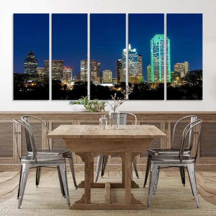 The Dallas City Lights Night Blue Skyline Cityscape View Wall Art Canvas Print, displayed as a triptych on museum-quality canvas with UV-protective coating, features illuminated buildings.