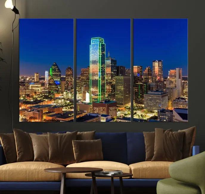 Dallas City Lights Night Blue Skyline Cityscape View Wall Art Canvas Print on museum-quality canvases, featuring a UV-protective coating.