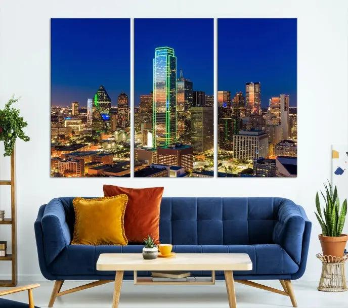 Dallas City Lights Night Blue Skyline Cityscape View Wall Art Canvas Print on museum-quality canvases, featuring a UV-protective coating.