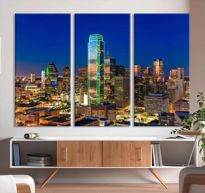 Dallas City Lights Night Blue Skyline Cityscape View Wall Art Canvas Print on museum-quality canvases, featuring a UV-protective coating.