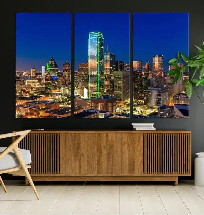 Dallas City Lights Night Blue Skyline Cityscape View Wall Art Canvas Print on museum-quality canvases, featuring a UV-protective coating.