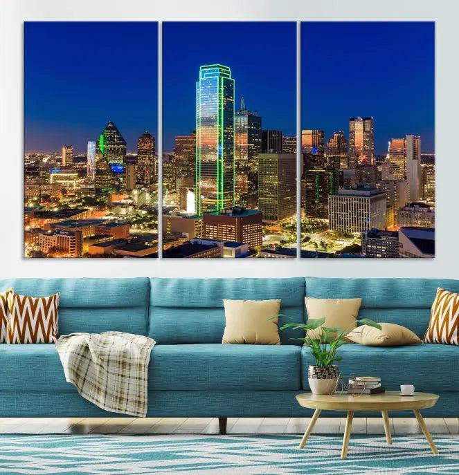 Dallas City Lights Night Blue Skyline Cityscape View Wall Art Canvas Print on museum-quality canvases, featuring a UV-protective coating.