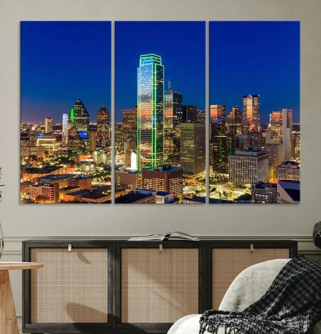 Dallas City Lights Night Blue Skyline Cityscape View Wall Art Canvas Print on museum-quality canvases, featuring a UV-protective coating.