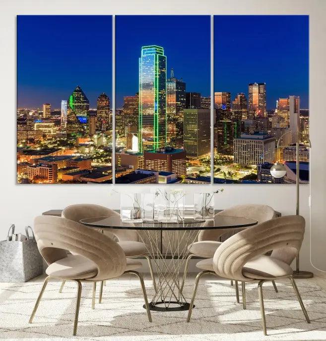 Dallas City Lights Night Blue Skyline Cityscape View Wall Art Canvas Print on museum-quality canvases, featuring a UV-protective coating.