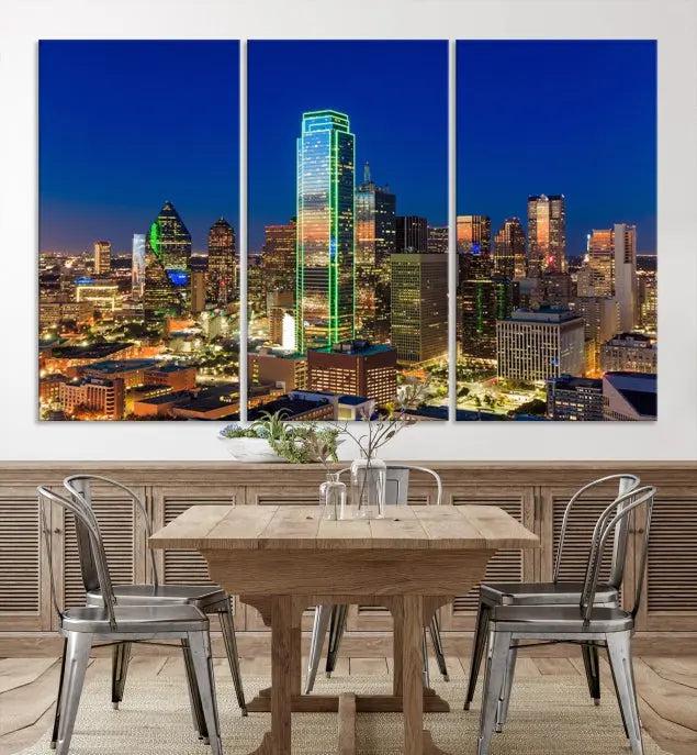 Dallas City Lights Night Blue Skyline Cityscape View Wall Art Canvas Print on museum-quality canvases, featuring a UV-protective coating.