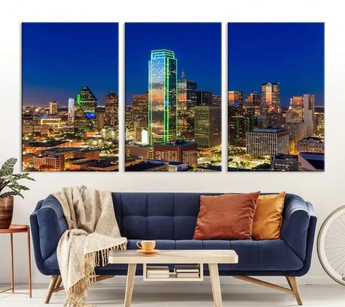 Dallas City Lights Night Blue Skyline Cityscape View Wall Art Canvas Print on museum-quality canvases, featuring a UV-protective coating.