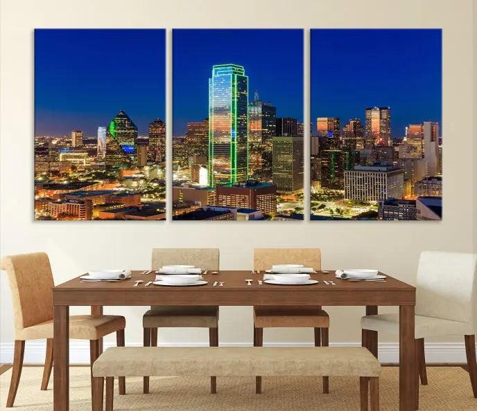 Dallas City Lights Night Blue Skyline Cityscape View Wall Art Canvas Print on museum-quality canvases, featuring a UV-protective coating.