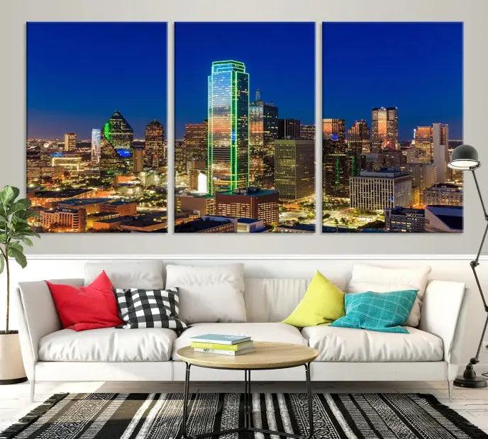 Dallas City Lights Night Blue Skyline Cityscape View Wall Art Canvas Print on museum-quality canvases, featuring a UV-protective coating.