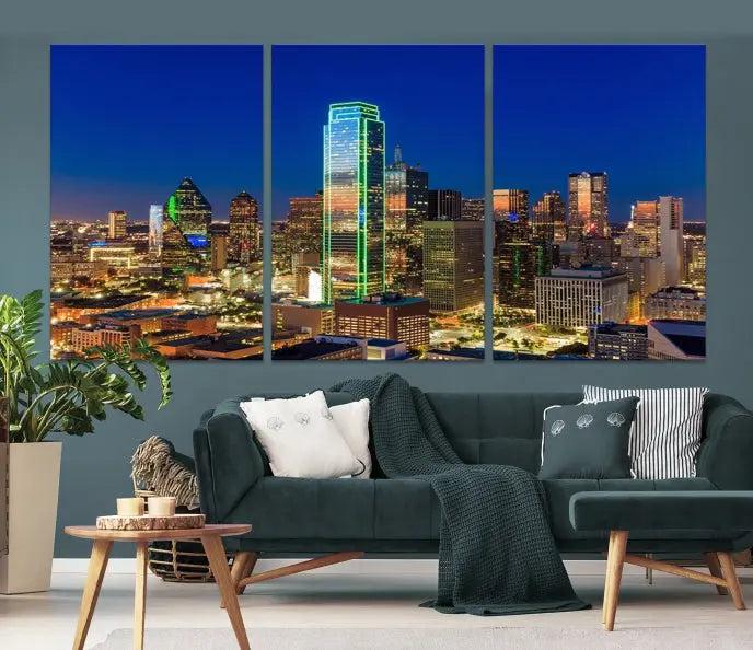 Dallas City Lights Night Blue Skyline Cityscape View Wall Art Canvas Print on museum-quality canvases, featuring a UV-protective coating.