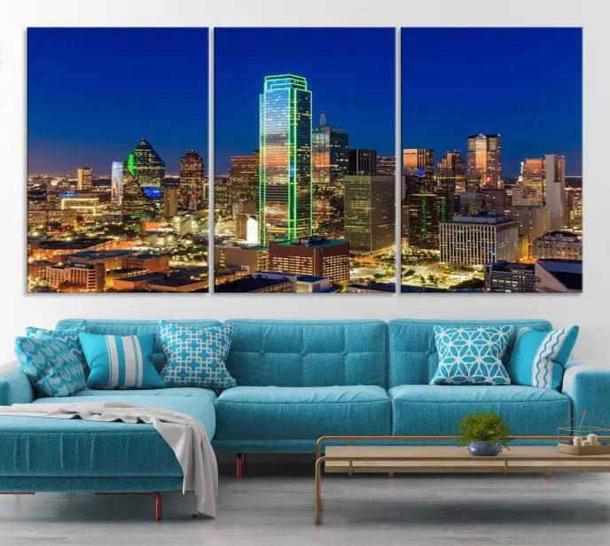 Dallas City Lights Night Blue Skyline Cityscape View Wall Art Canvas Print on museum-quality canvases, featuring a UV-protective coating.