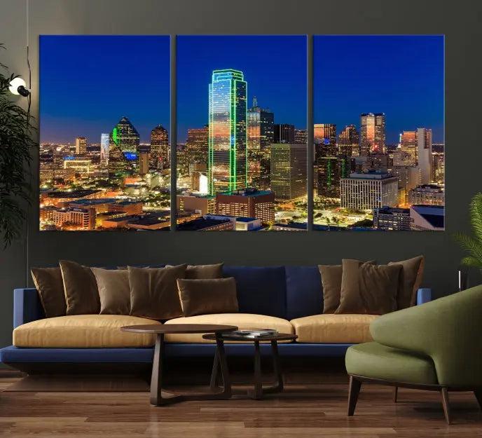 Dallas City Lights Night Blue Skyline Cityscape View Wall Art Canvas Print on museum-quality canvases, featuring a UV-protective coating.