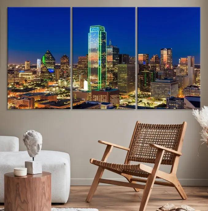 Dallas City Lights Night Blue Skyline Cityscape View Wall Art Canvas Print on museum-quality canvases, featuring a UV-protective coating.