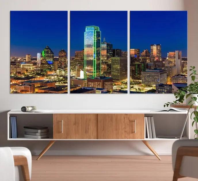 Dallas City Lights Night Blue Skyline Cityscape View Wall Art Canvas Print on museum-quality canvases, featuring a UV-protective coating.