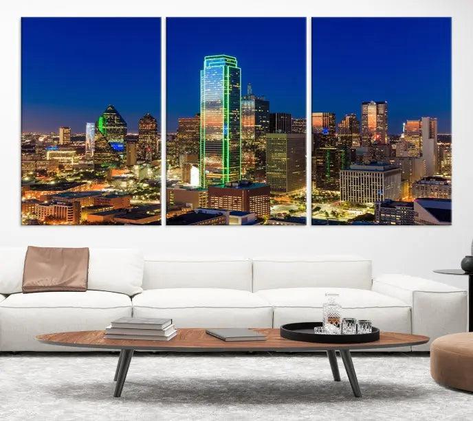 Dallas City Lights Night Blue Skyline Cityscape View Wall Art Canvas Print on museum-quality canvases, featuring a UV-protective coating.