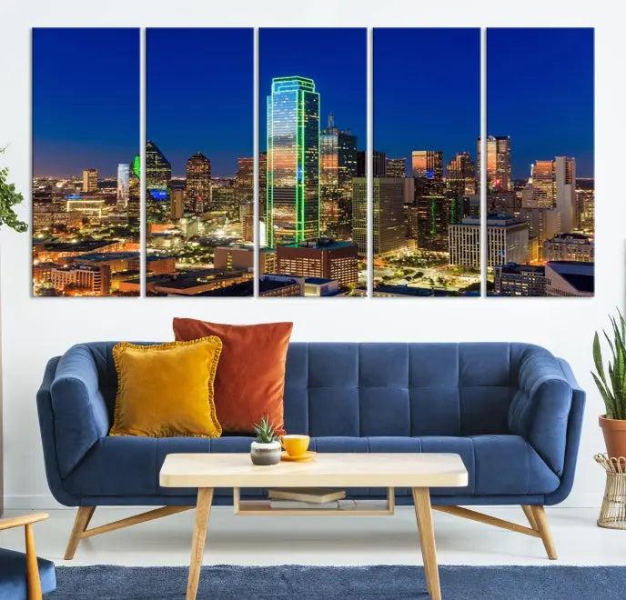 Dallas City Lights Night Blue Skyline Cityscape View Wall Art Canvas Print on museum-quality canvases, featuring a UV-protective coating.