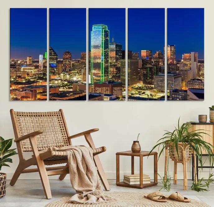 Dallas City Lights Night Blue Skyline Cityscape View Wall Art Canvas Print on museum-quality canvases, featuring a UV-protective coating.