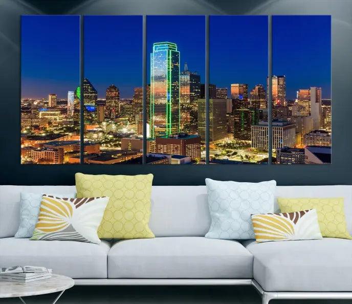 Dallas City Lights Night Blue Skyline Cityscape View Wall Art Canvas Print on museum-quality canvases, featuring a UV-protective coating.