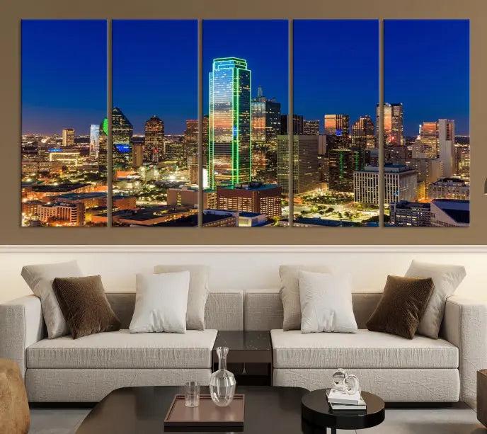 Dallas City Lights Night Blue Skyline Cityscape View Wall Art Canvas Print on museum-quality canvases, featuring a UV-protective coating.