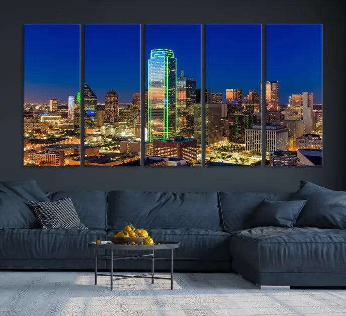 Dallas City Lights Night Blue Skyline Cityscape View Wall Art Canvas Print on museum-quality canvases, featuring a UV-protective coating.