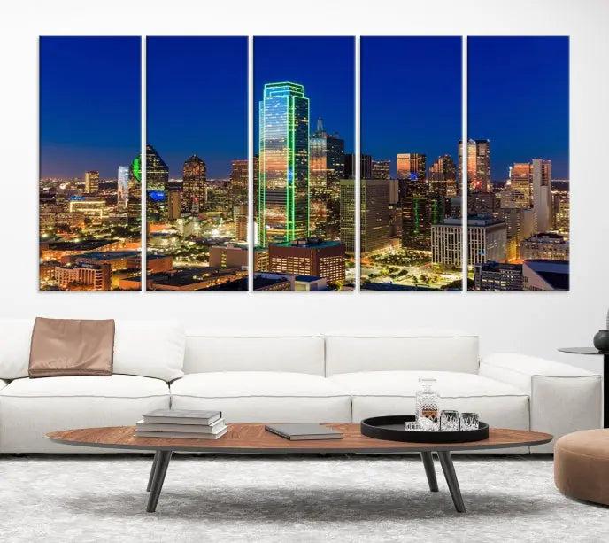 Dallas City Lights Night Blue Skyline Cityscape View Wall Art Canvas Print on museum-quality canvases, featuring a UV-protective coating.