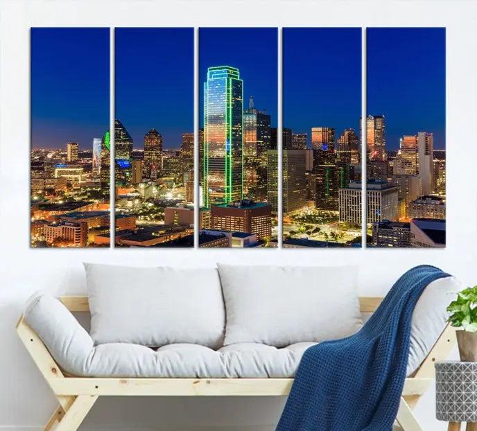 Dallas City Lights Night Blue Skyline Cityscape View Wall Art Canvas Print on museum-quality canvases, featuring a UV-protective coating.