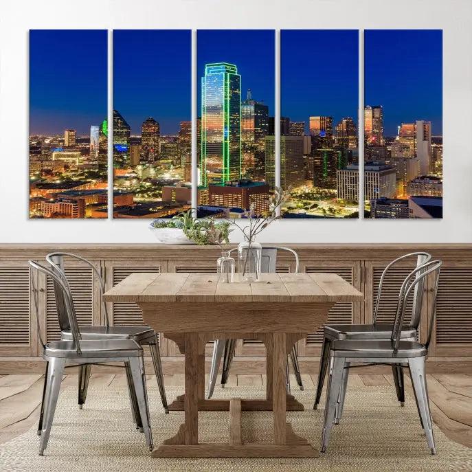 Dallas City Lights Night Blue Skyline Cityscape View Wall Art Canvas Print on museum-quality canvases, featuring a UV-protective coating.