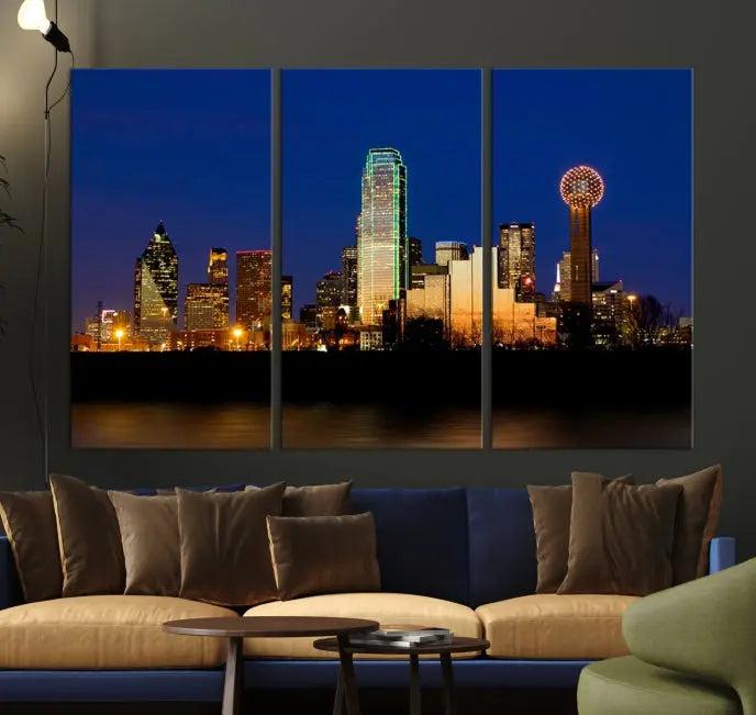 Enhance your space with the Dallas City Lights Night Blue Skyline Cityscape View Wall Art Canvas Print. This stunning triptych, featuring colorful illuminated buildings on museum-quality canvas, promises enduring beauty with its UV-protective coating. Each piece is ready to hang for easy installation.