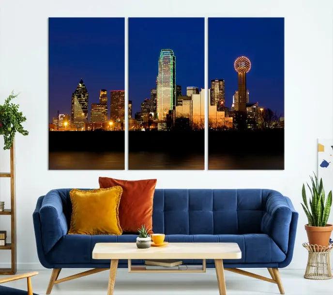 Enhance your space with the Dallas City Lights Night Blue Skyline Cityscape View Wall Art Canvas Print. This stunning triptych, featuring colorful illuminated buildings on museum-quality canvas, promises enduring beauty with its UV-protective coating. Each piece is ready to hang for easy installation.