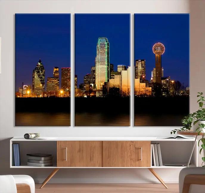 Enhance your space with the Dallas City Lights Night Blue Skyline Cityscape View Wall Art Canvas Print. This stunning triptych, featuring colorful illuminated buildings on museum-quality canvas, promises enduring beauty with its UV-protective coating. Each piece is ready to hang for easy installation.