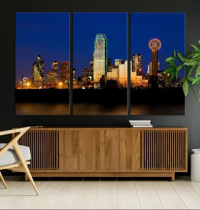 Enhance your space with the Dallas City Lights Night Blue Skyline Cityscape View Wall Art Canvas Print. This stunning triptych, featuring colorful illuminated buildings on museum-quality canvas, promises enduring beauty with its UV-protective coating. Each piece is ready to hang for easy installation.