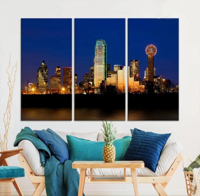 Enhance your space with the Dallas City Lights Night Blue Skyline Cityscape View Wall Art Canvas Print. This stunning triptych, featuring colorful illuminated buildings on museum-quality canvas, promises enduring beauty with its UV-protective coating. Each piece is ready to hang for easy installation.