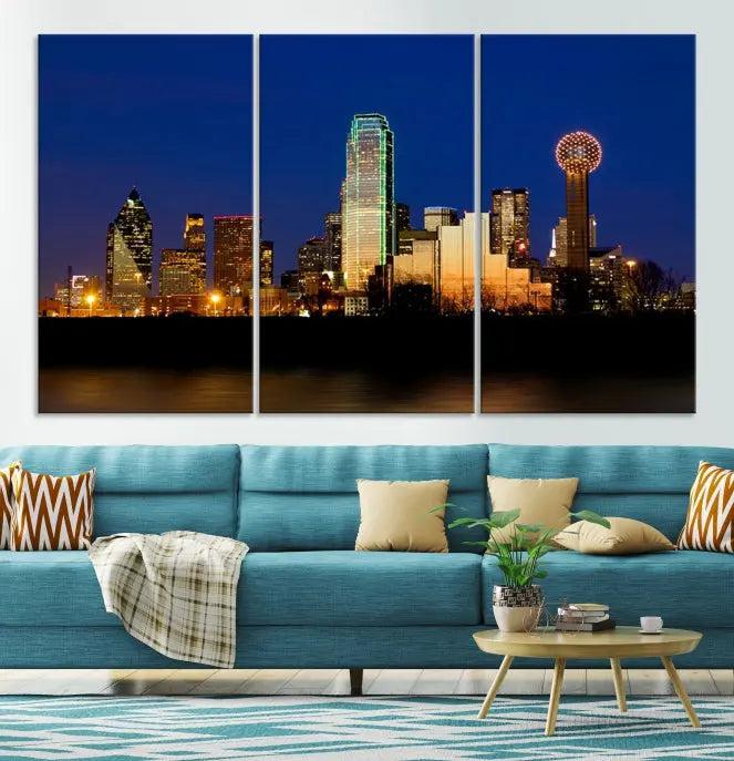 Enhance your space with the Dallas City Lights Night Blue Skyline Cityscape View Wall Art Canvas Print. This stunning triptych, featuring colorful illuminated buildings on museum-quality canvas, promises enduring beauty with its UV-protective coating. Each piece is ready to hang for easy installation.