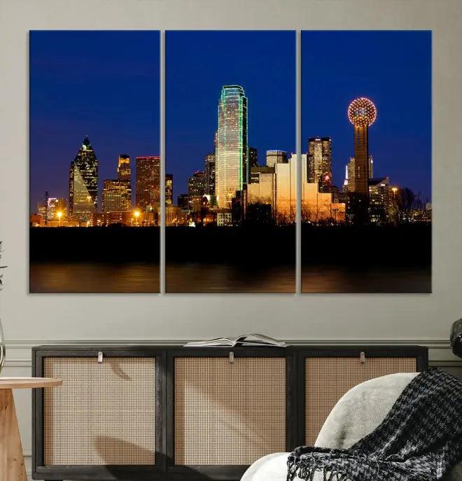 Enhance your space with the Dallas City Lights Night Blue Skyline Cityscape View Wall Art Canvas Print. This stunning triptych, featuring colorful illuminated buildings on museum-quality canvas, promises enduring beauty with its UV-protective coating. Each piece is ready to hang for easy installation.