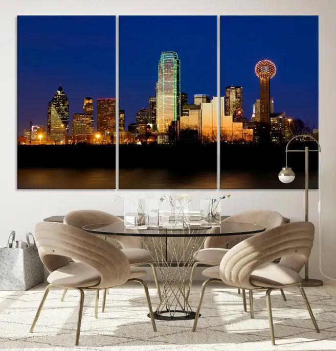 Enhance your space with the Dallas City Lights Night Blue Skyline Cityscape View Wall Art Canvas Print. This stunning triptych, featuring colorful illuminated buildings on museum-quality canvas, promises enduring beauty with its UV-protective coating. Each piece is ready to hang for easy installation.