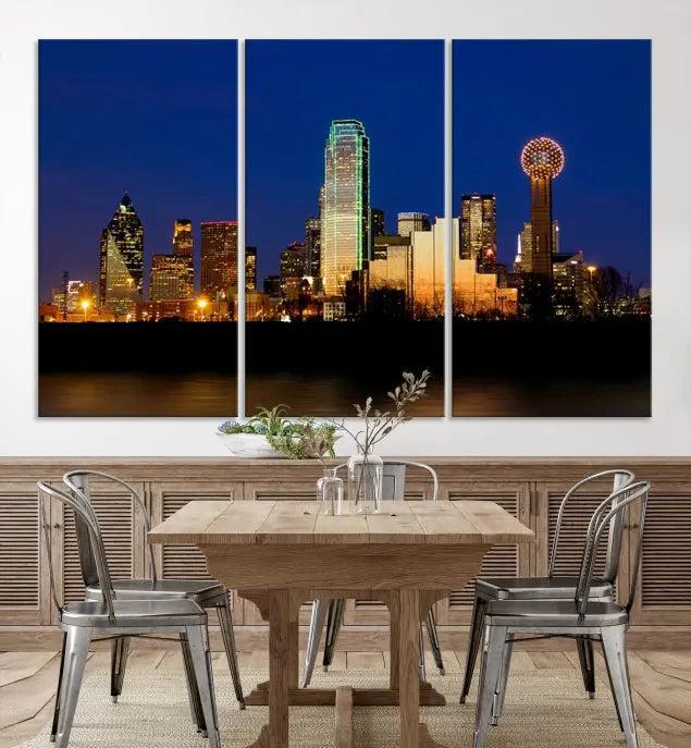 Enhance your space with the Dallas City Lights Night Blue Skyline Cityscape View Wall Art Canvas Print. This stunning triptych, featuring colorful illuminated buildings on museum-quality canvas, promises enduring beauty with its UV-protective coating. Each piece is ready to hang for easy installation.