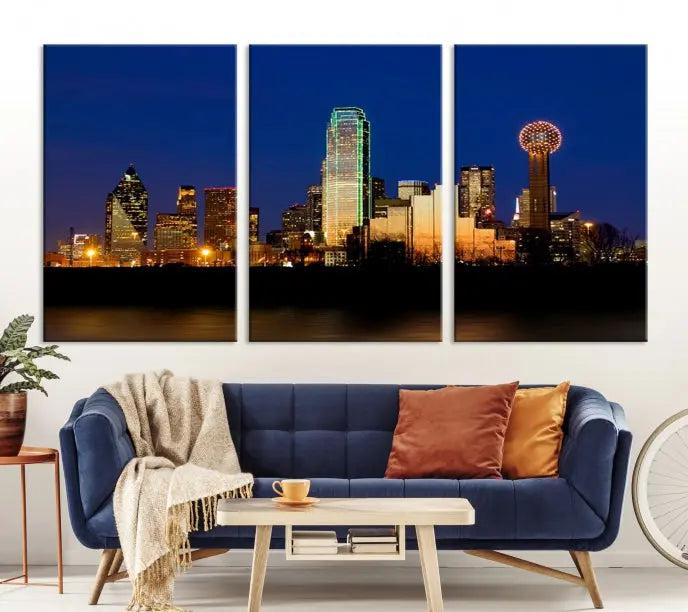 Enhance your space with the Dallas City Lights Night Blue Skyline Cityscape View Wall Art Canvas Print. This stunning triptych, featuring colorful illuminated buildings on museum-quality canvas, promises enduring beauty with its UV-protective coating. Each piece is ready to hang for easy installation.