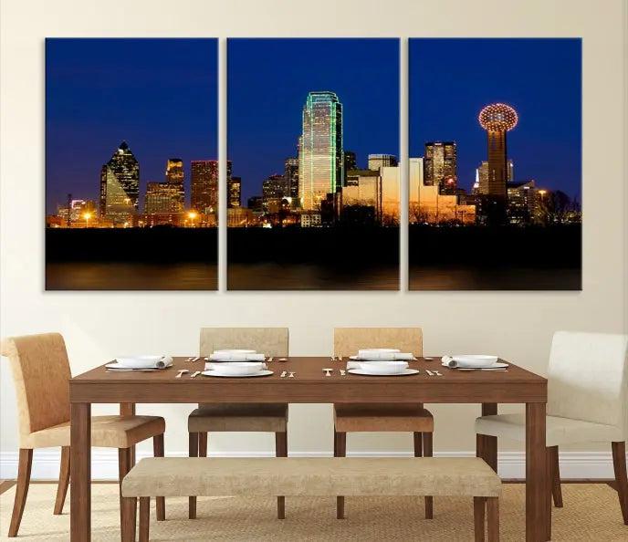 Enhance your space with the Dallas City Lights Night Blue Skyline Cityscape View Wall Art Canvas Print. This stunning triptych, featuring colorful illuminated buildings on museum-quality canvas, promises enduring beauty with its UV-protective coating. Each piece is ready to hang for easy installation.