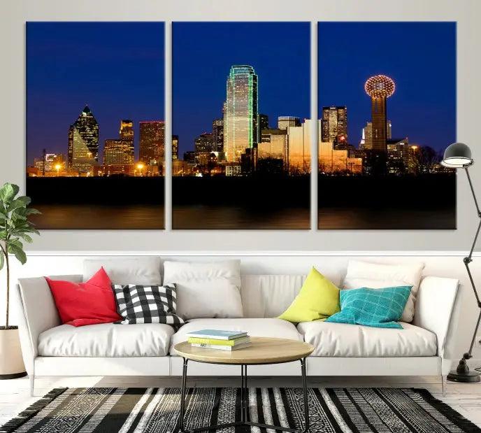 Enhance your space with the Dallas City Lights Night Blue Skyline Cityscape View Wall Art Canvas Print. This stunning triptych, featuring colorful illuminated buildings on museum-quality canvas, promises enduring beauty with its UV-protective coating. Each piece is ready to hang for easy installation.