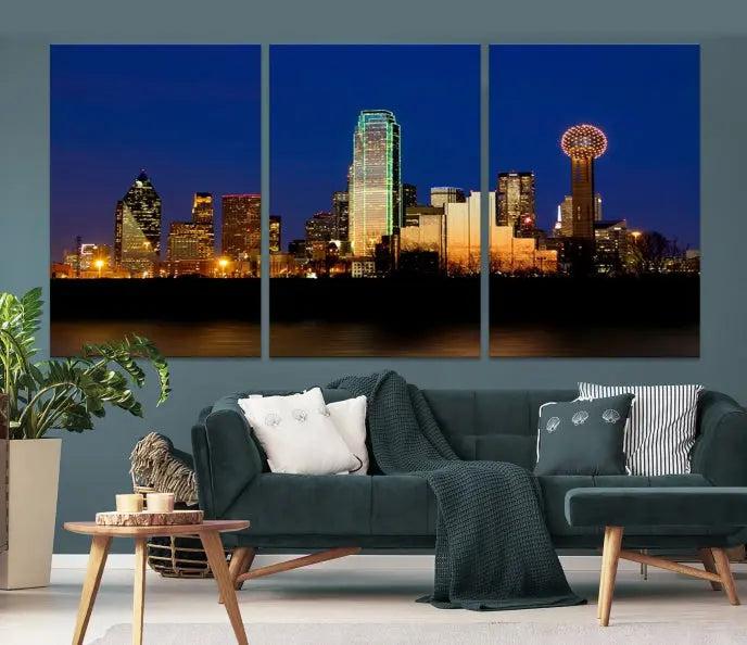 Enhance your space with the Dallas City Lights Night Blue Skyline Cityscape View Wall Art Canvas Print. This stunning triptych, featuring colorful illuminated buildings on museum-quality canvas, promises enduring beauty with its UV-protective coating. Each piece is ready to hang for easy installation.