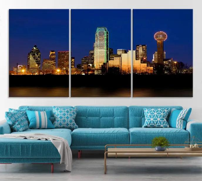 Enhance your space with the Dallas City Lights Night Blue Skyline Cityscape View Wall Art Canvas Print. This stunning triptych, featuring colorful illuminated buildings on museum-quality canvas, promises enduring beauty with its UV-protective coating. Each piece is ready to hang for easy installation.